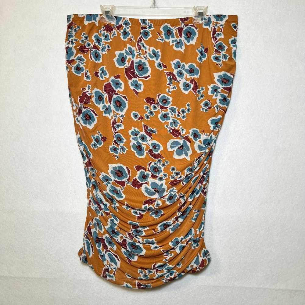 Ava & Viv Romantic 90s Fall Y2K Mustard Orange Floral Ruched Midi Skirt Women 2X